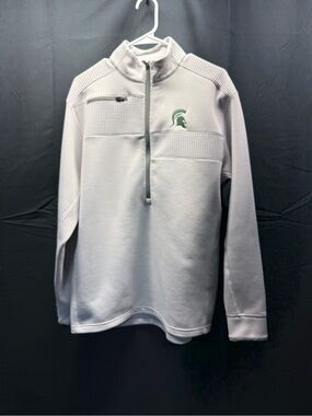 EUC OGIO Light Gray Quarter-Zip Sweater with Green Spartan Emblem Sz L (3aw)